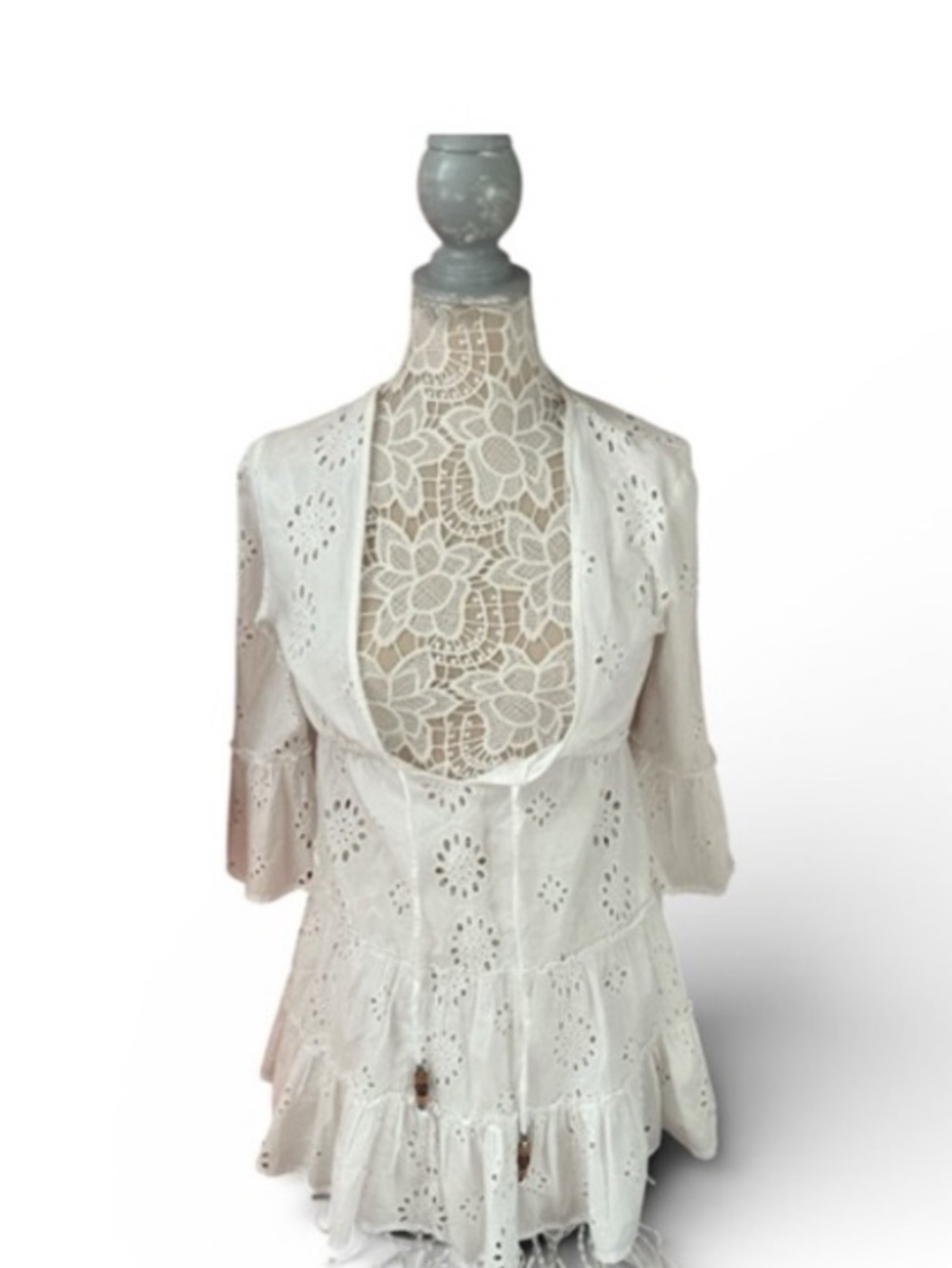 blue island Cream Eyelet Crochet Tiered Swim Coverup